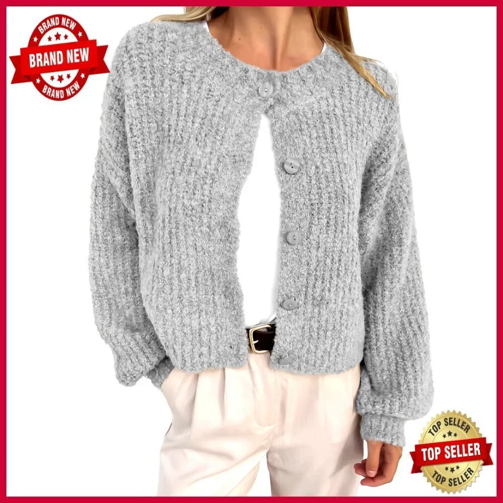 Cropped Chunky Knit Cardigan Sweater, Loose Fit, Button Down, Long Sleeve